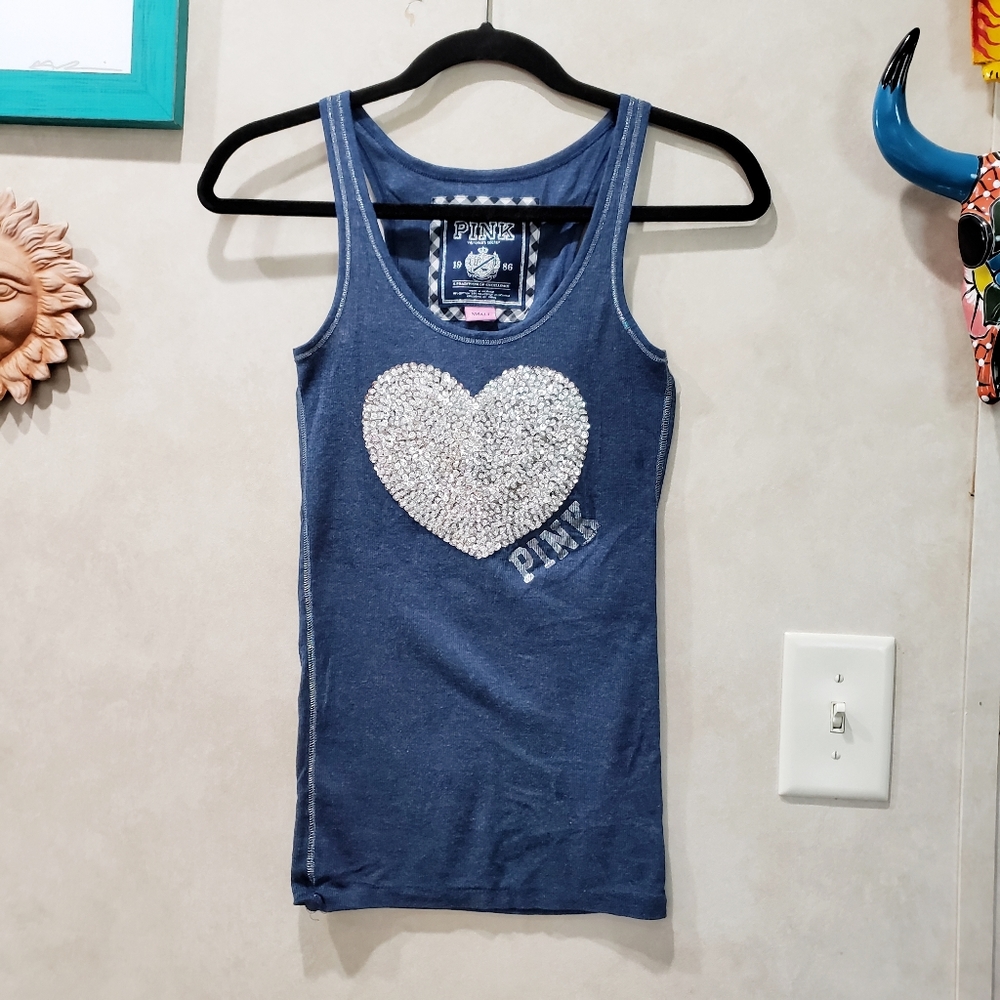 Vintage Pink Silver Sequin Heart Tank Top Size S